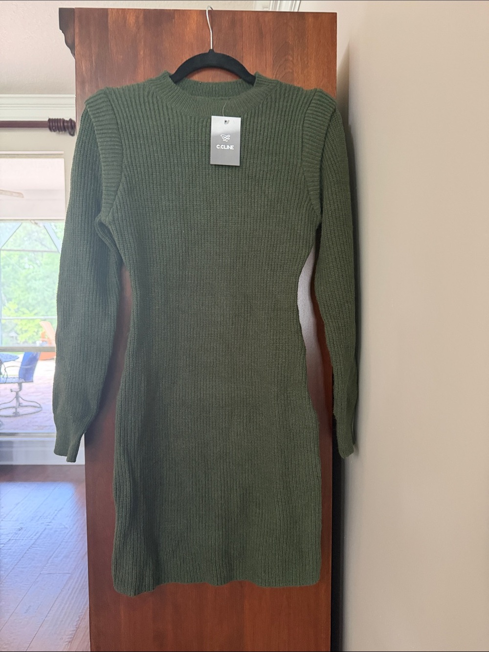 Celine Olive Green Ribbed Long-Sleeve Knit Dress